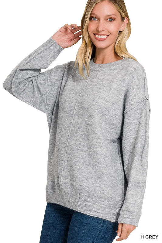 Melange Front Seam Round-Neck Sweater Cozy Women’s Knit Pullover