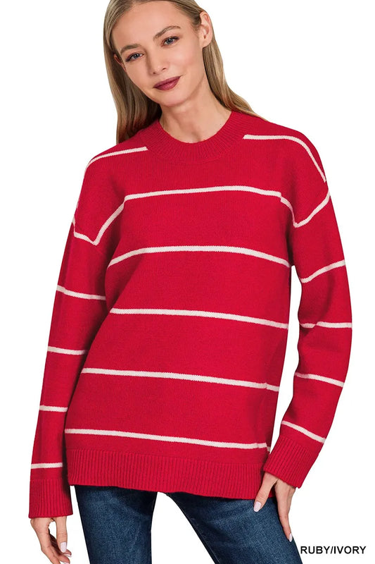 Red Striped Pullover Sweater | Classic Women’s Knit Crewneck Top
