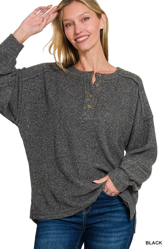 Ribbed Hacci Melange Henley Sweater – Cozy Button-Up Knit Top