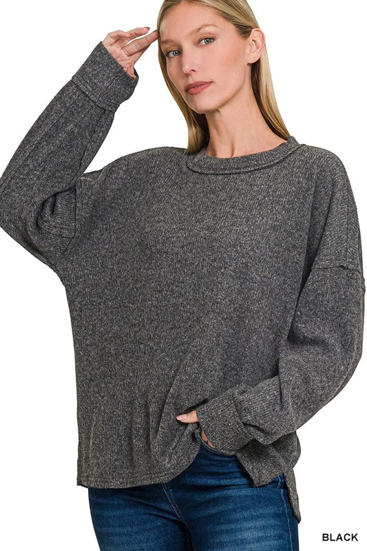 Brushed Ribbed Hacci Sweater – Cozy Drop Shoulder Fall Essential