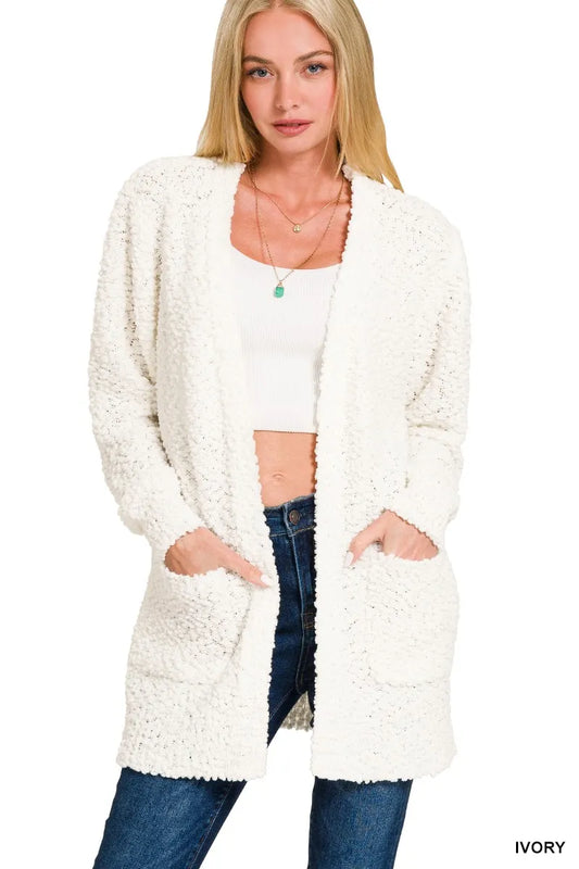 Ivory Oversized Teddy Cardigan – Cozy Open-Front Layer with Pockets
