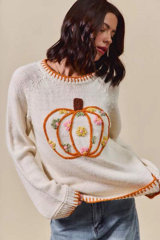 Pumpkin Floral Embroidered Thanksgiving Sweater – Festive Fall Knit