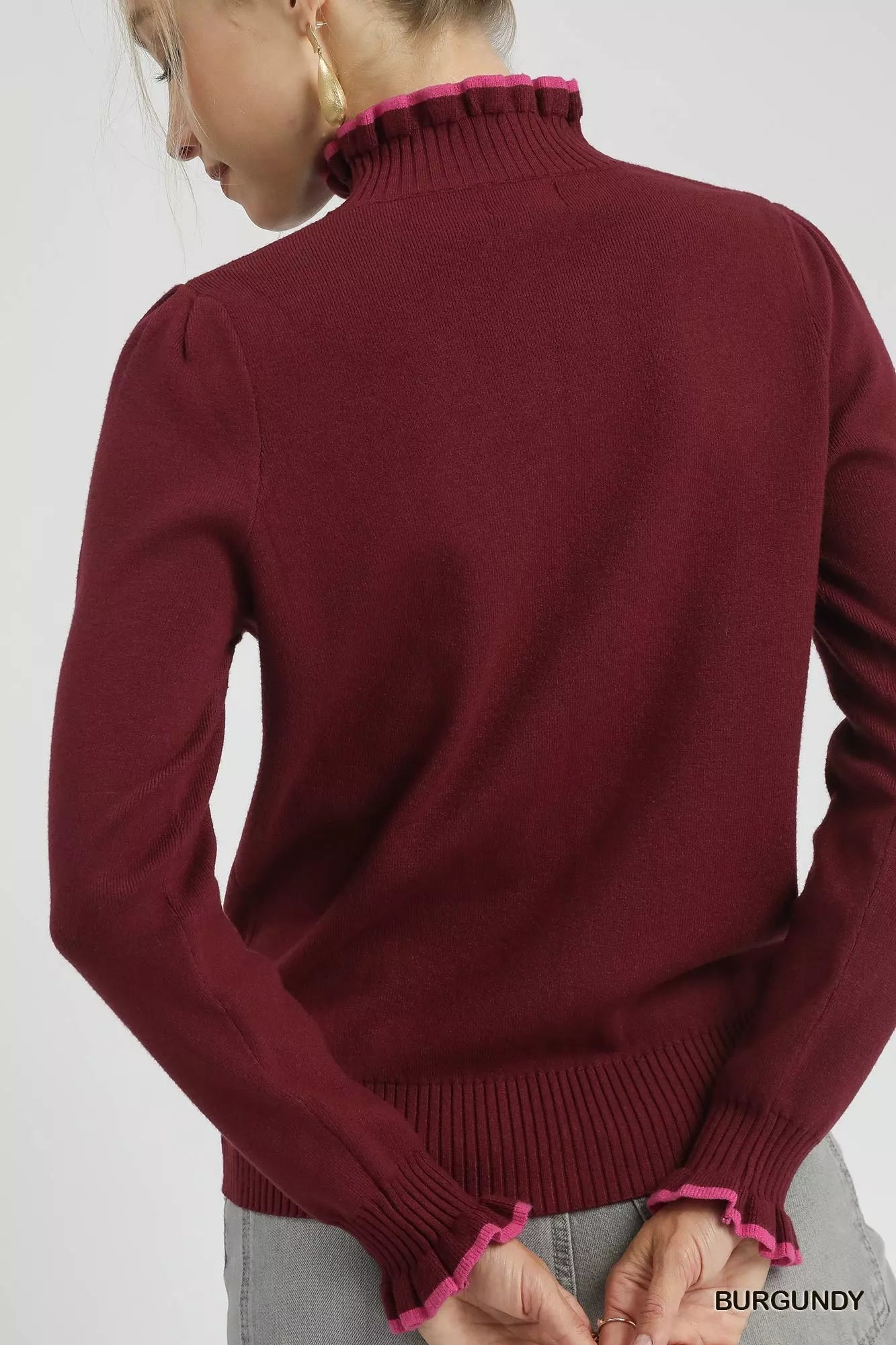 Ribbed Round Neck Sweater with Ruffle Trim – Feminine Winter Knit