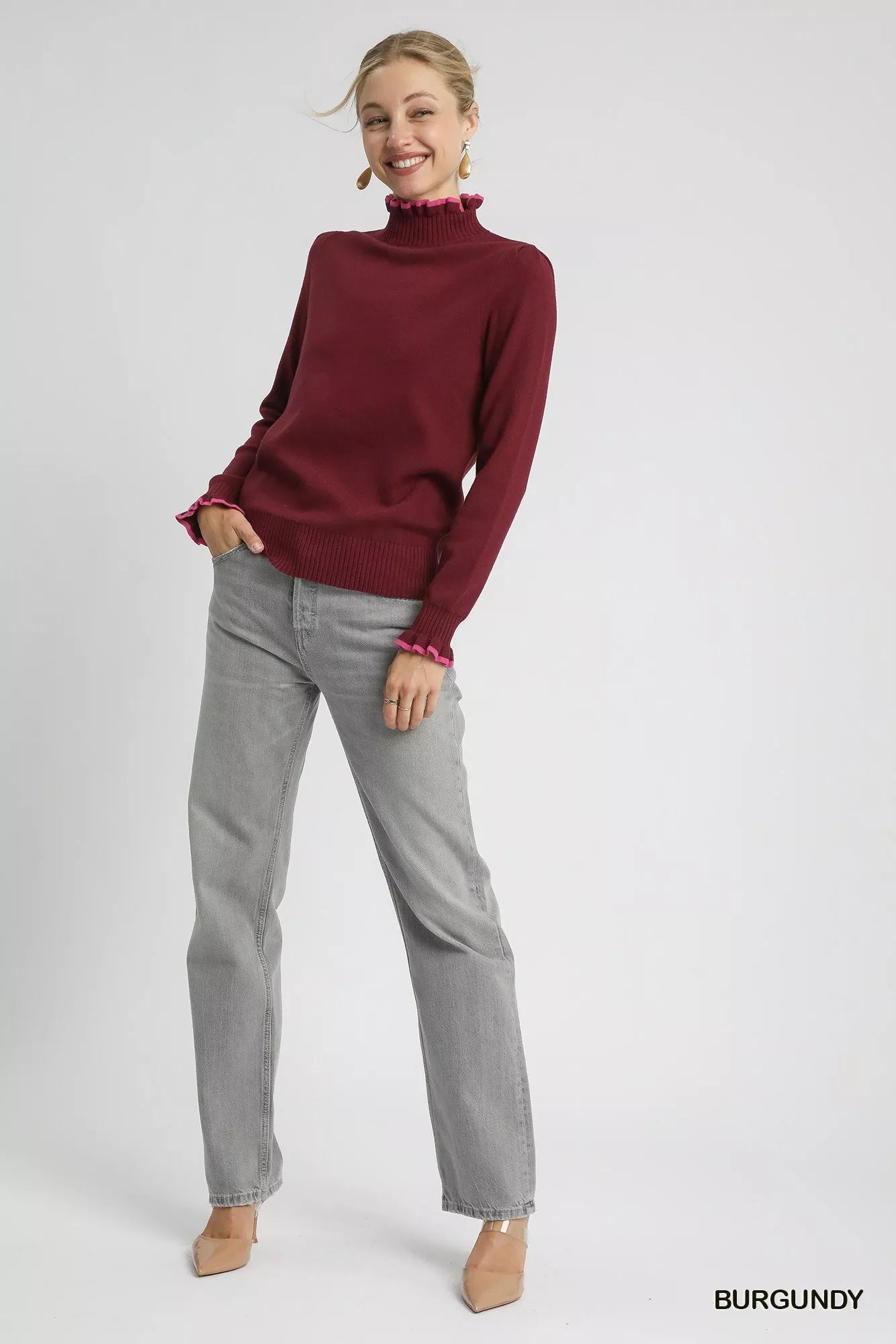 Ribbed Round Neck Sweater with Ruffle Trim – Feminine Winter Knit